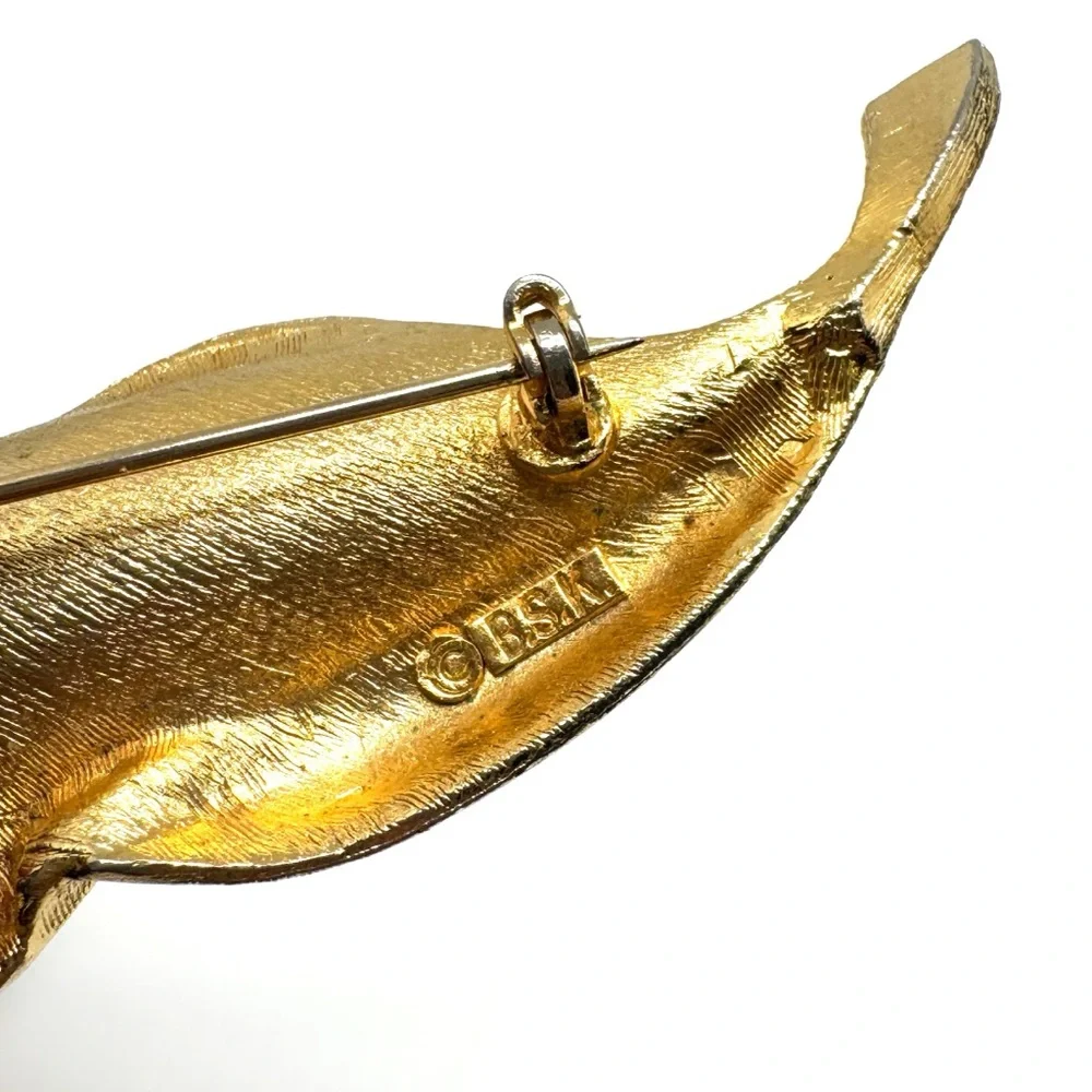 B.S.K. Vintage Brushed Goldtone Leaf Brooch Midcentury Pin